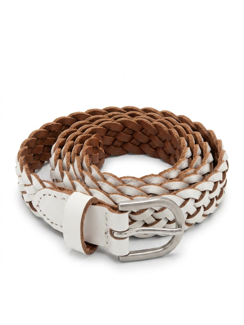 Braided White and Brown Leather Belt - women